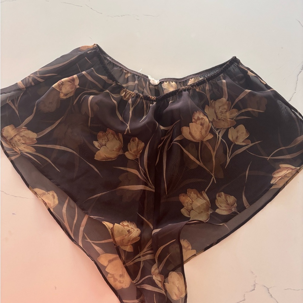 Brown  and Gold Sheer Floral intimate sleepwear Shorts size Large - Picture 2 of 5